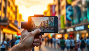 Smartphone gimbal stabilizing dynamic urban footage, showcasing technology in action.