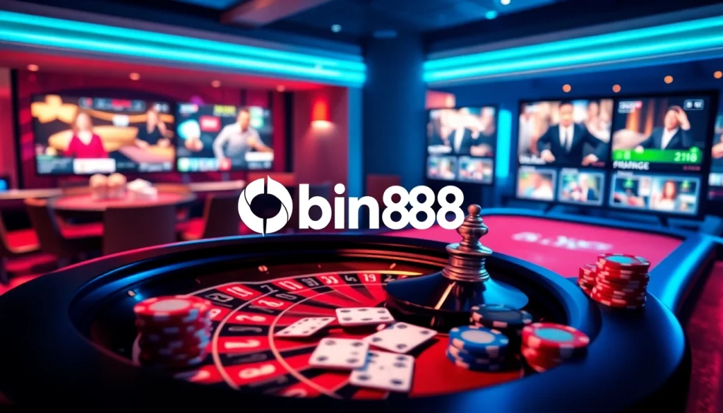 Experience thrilling gameplay at Bin88 with luxury casino elements like roulette, cards, and poker chips.