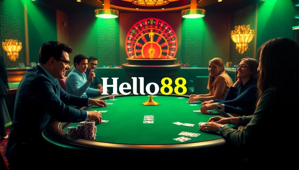 Players experience the thrill of action at the Hello88 poker table in a luxury casino setting.