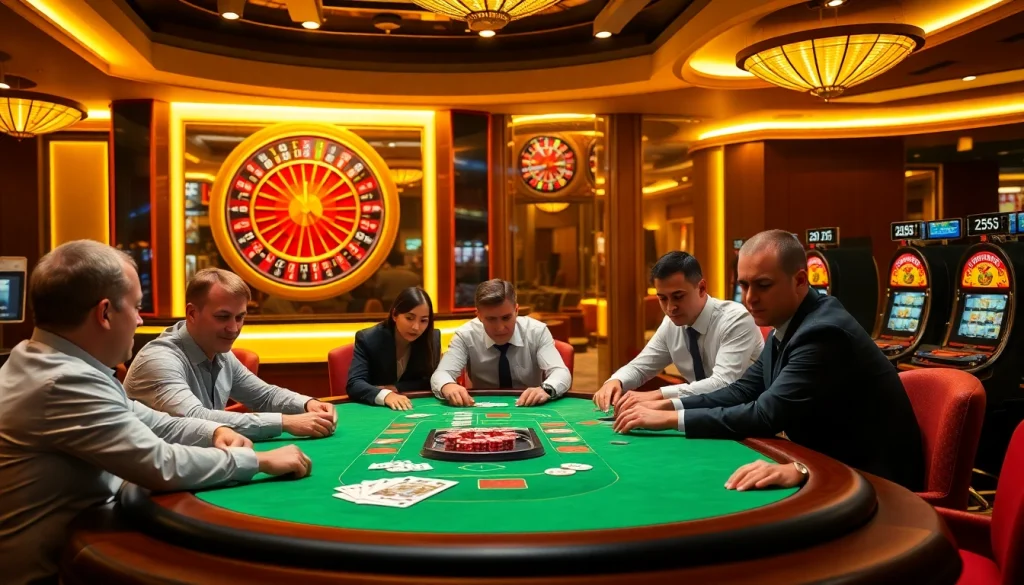 Experience the excitement of 255BET at a vibrant casino table with players and poker chips.
