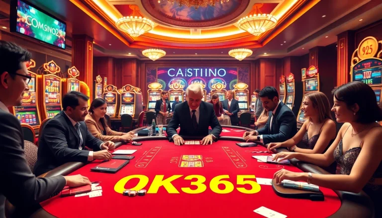 Players enjoy thrilling games at OK365 Casino, showcasing vibrant tables and exciting slot machines.