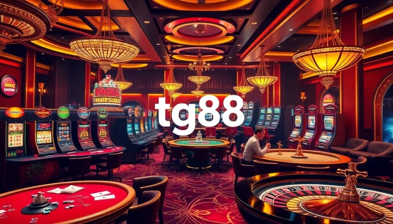 Engage with thrilling casino games at tg88, featuring roulette wheels and vibrant slot machines.