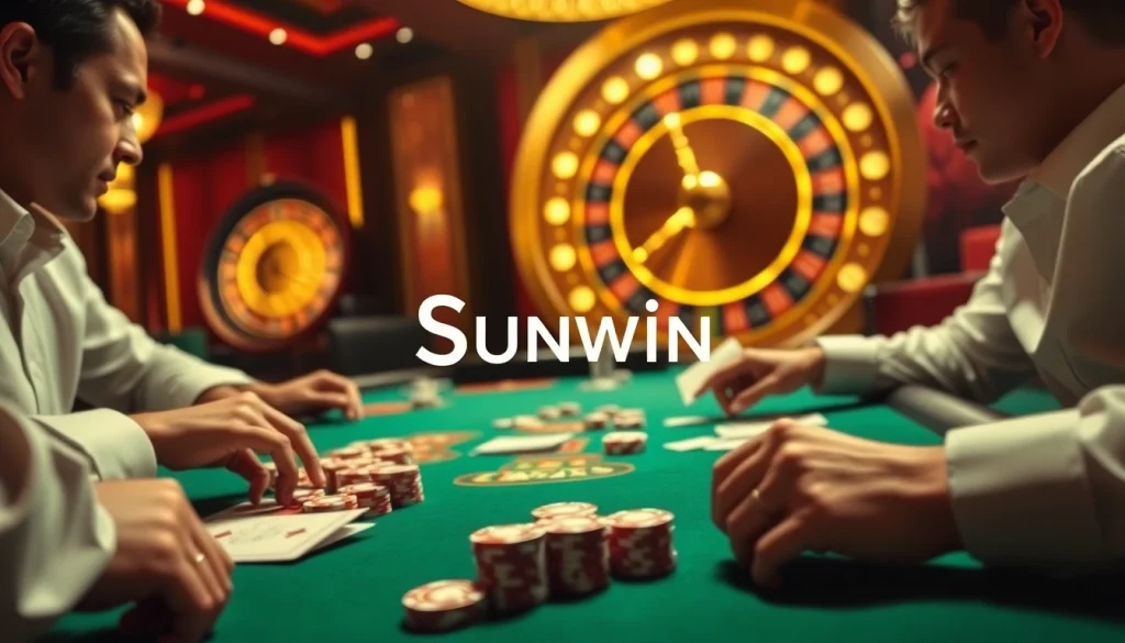 Players enjoying strategic poker gameplay at Sunwin's luxurious casino table.