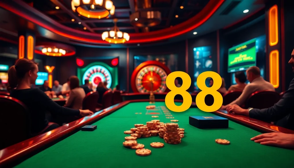 AF88 casino scene showcasing an exciting game with players at a vibrant gaming table.