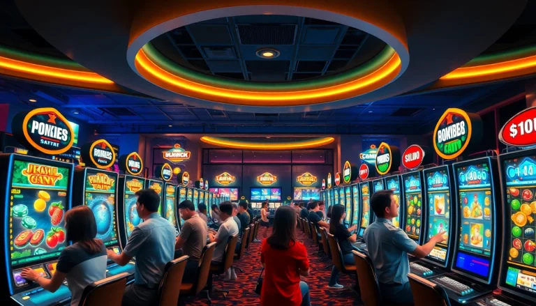 Exciting online gaming scene featuring hoki138 slot machines with diverse players.