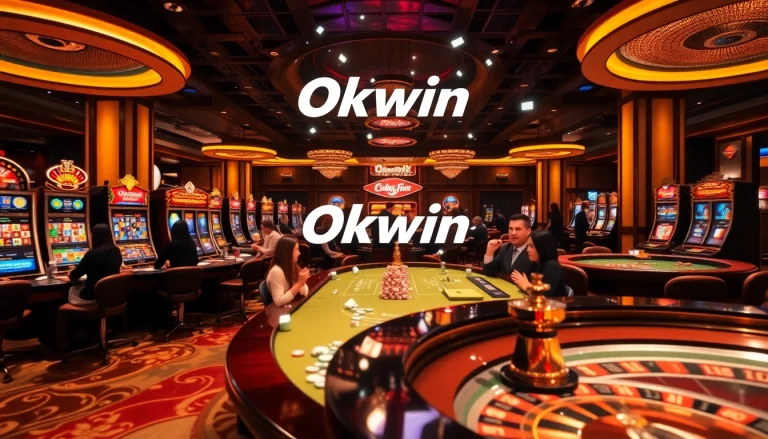 Okwin gaming action in a vibrant casino setting with slot machines and engaged players.