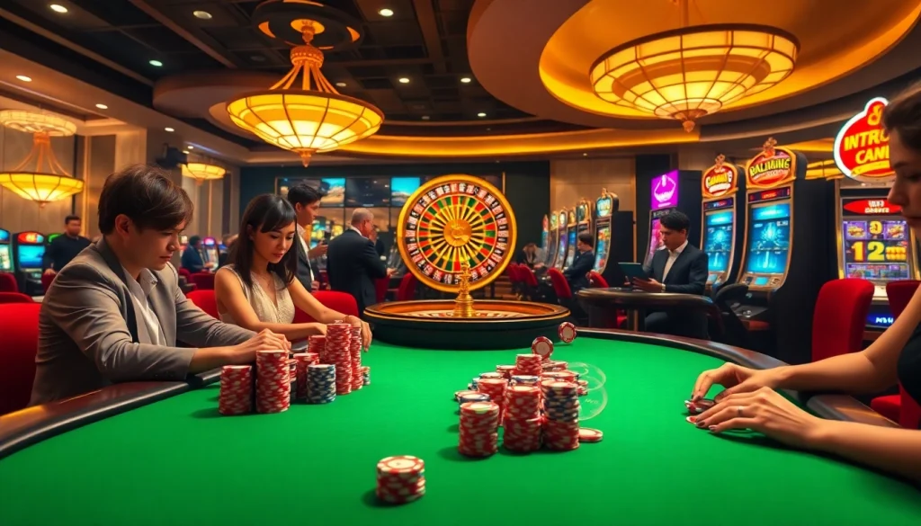 Excited players enjoy a luxurious gaming experience at MM 88 casino tables with vibrant poker chips.