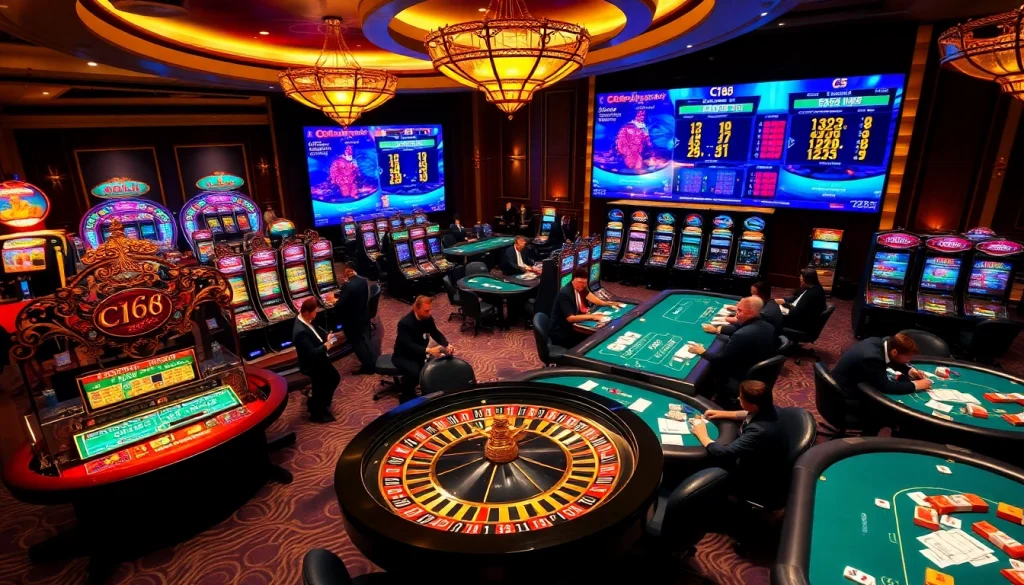 C168 players strategizing at vibrant casino tables filled with roulette and poker action.