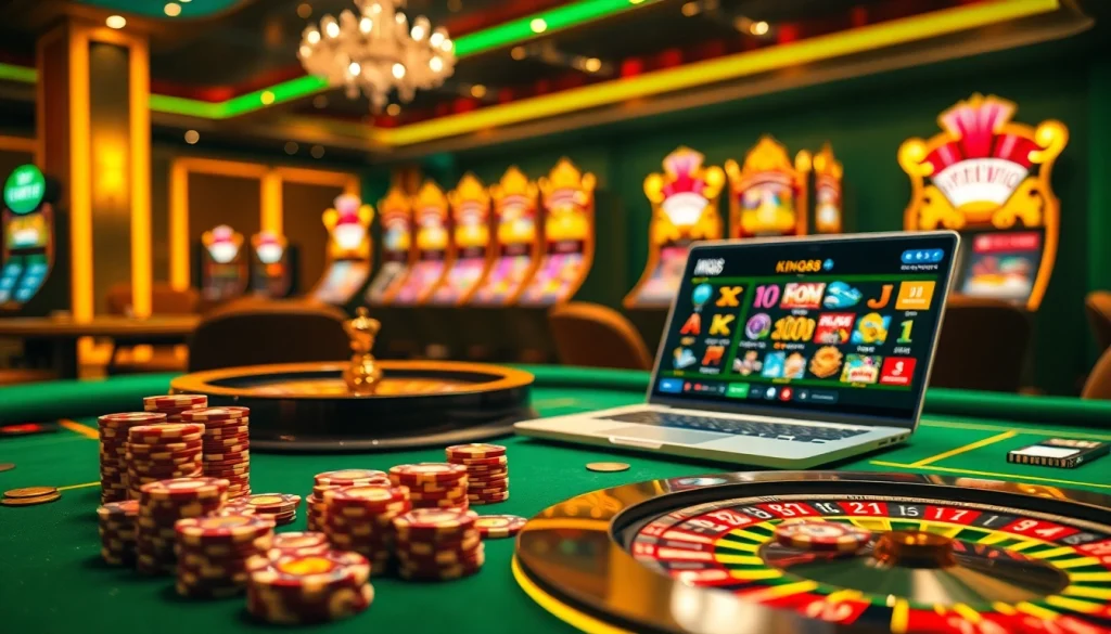 KING88 online casino scene with vibrant chips and a roulette wheel showcasing thrilling gaming action.