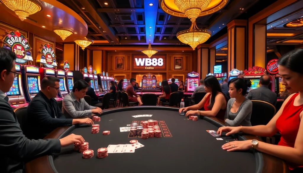Exciting gambling moment at WW88 casino with professional poker players and vibrant slot machines