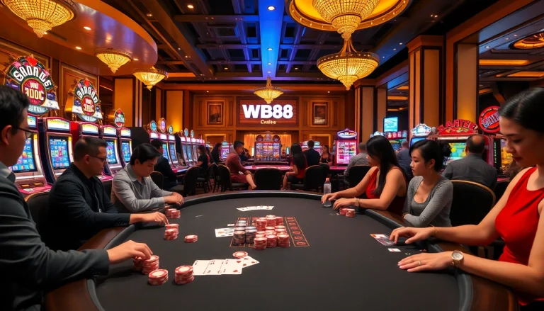 Exciting gambling moment at WW88 casino with professional poker players and vibrant slot machines