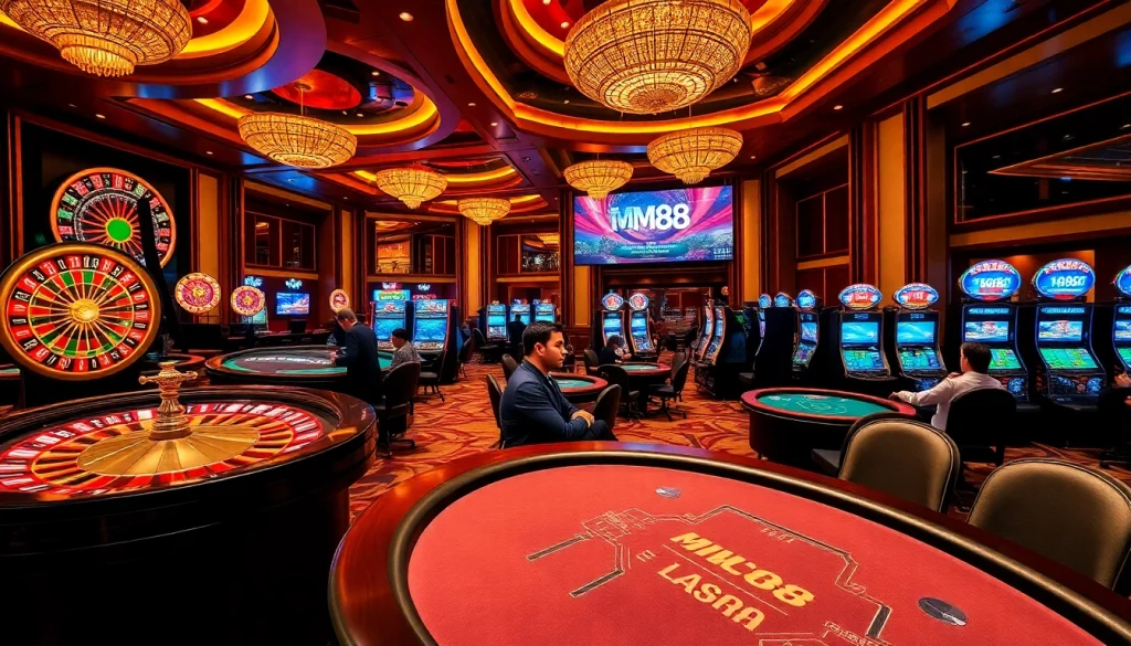 MM88 casino scene with enthusiastic players, vibrant roulette, and poker tables