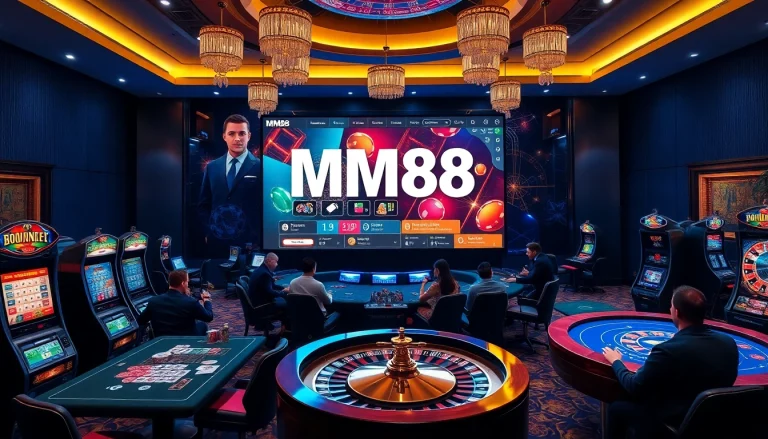 Players engaging in the MM88 online casino experience with vibrant games and luxurious elements.