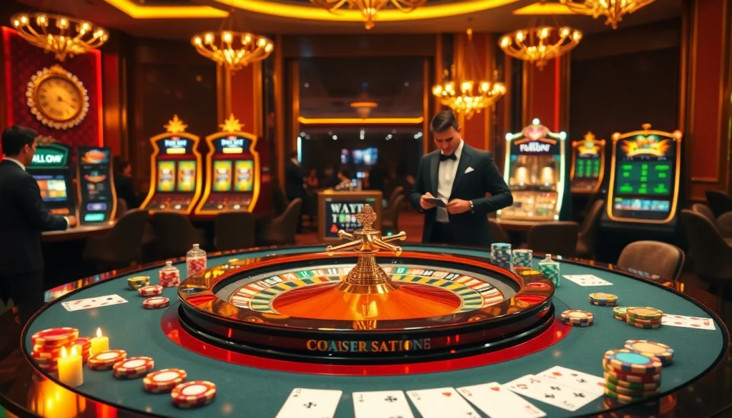 Place your bets at the elegant casino table featuring lc881 poker chips and vibrant slot machines.