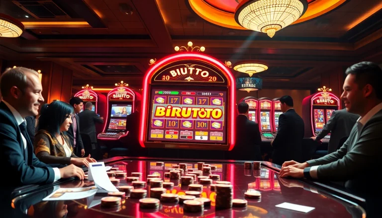 Pemain menikmati aksi mesin slot Birutoto di tengah kegembiraan kasino dan kemewahan.