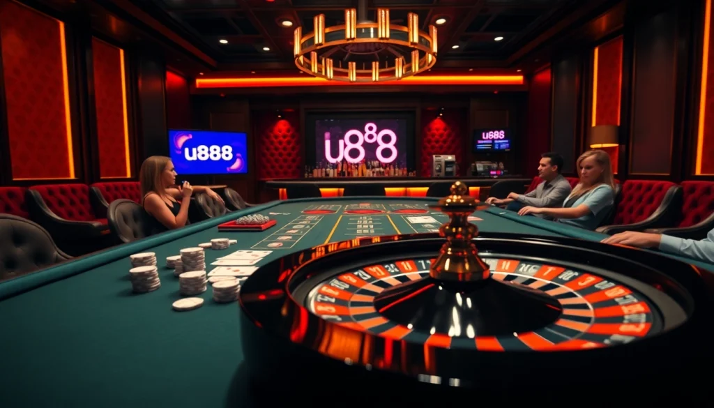 u888 players enjoying a thrilling card game at a vibrant casino table with chips and cards.