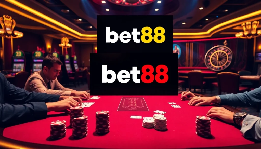 Experience the excitement of bet88 with a vibrant casino scene featuring poker tables and betting action.