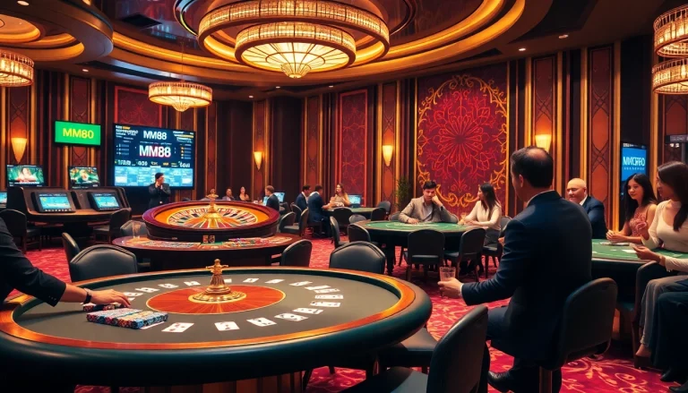Players enjoying a thrilling gaming experience at MM88 casino with vibrant tables and roulette.