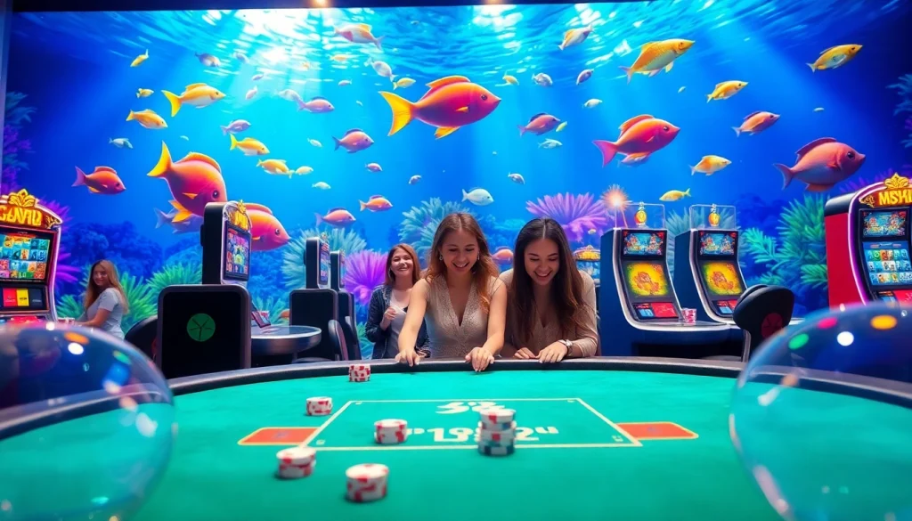 bắn cá đổi thưởng game in a lively casino atmosphere featuring colorful fish and excited players