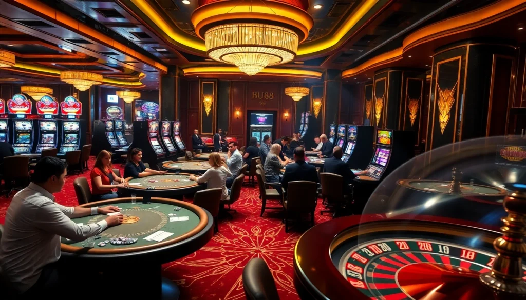 Experience the thrill of BU88 with players at glamorous poker tables and vibrant slot machines.