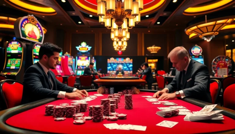 NEW88 poker table scene showcasing intense gameplay and vibrant slot machines.