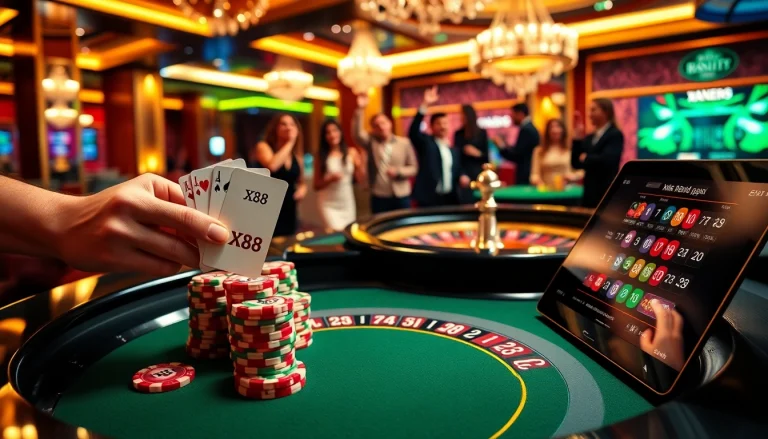 Experience the excitement of XX88 at a bustling casino table with vibrant poker chips and winning players.