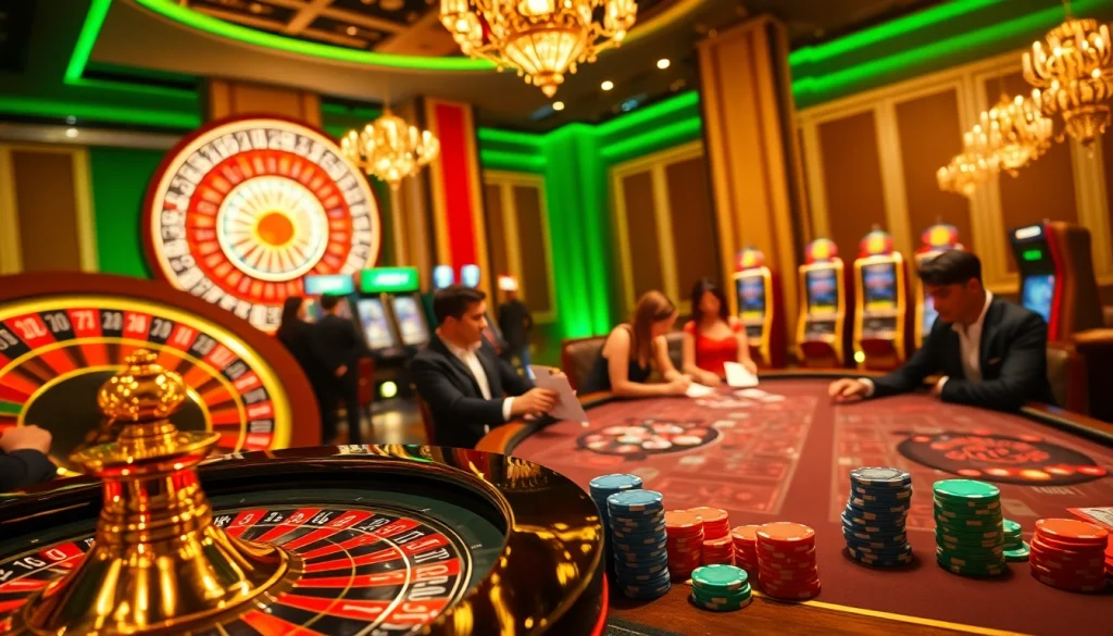 Experience thrilling casino action at Hello88 with vibrant poker tables and roulette wheels.