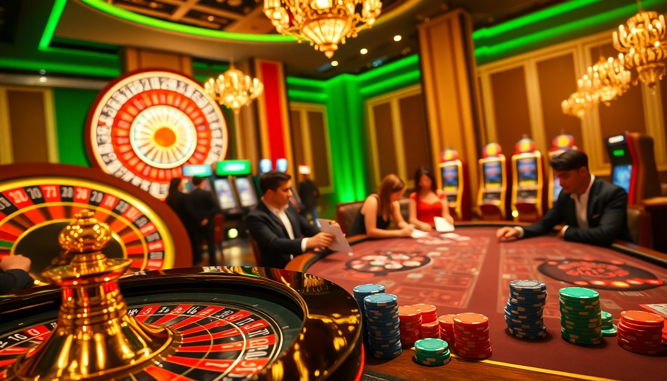 Experience thrilling casino action at Hello88 with vibrant poker tables and roulette wheels.