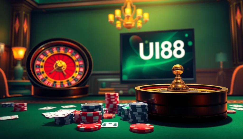 Engage in thrilling gameplay at uu88 casino online, featuring vibrant poker chips, roulette wheels, and casino tables.