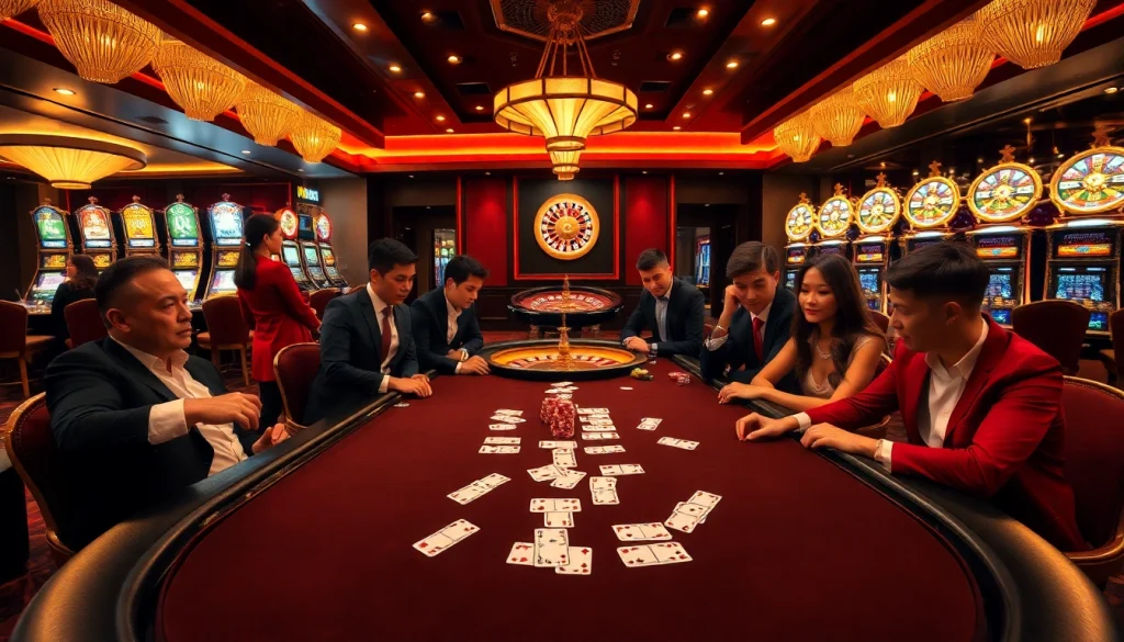 Go8 players enjoying an exciting game at a luxurious casino table surrounded by vibrant slot machines.