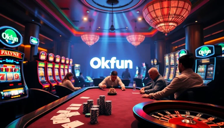 Players enjoying poker with Okfun branding, showcasing a vibrant casino atmosphere.