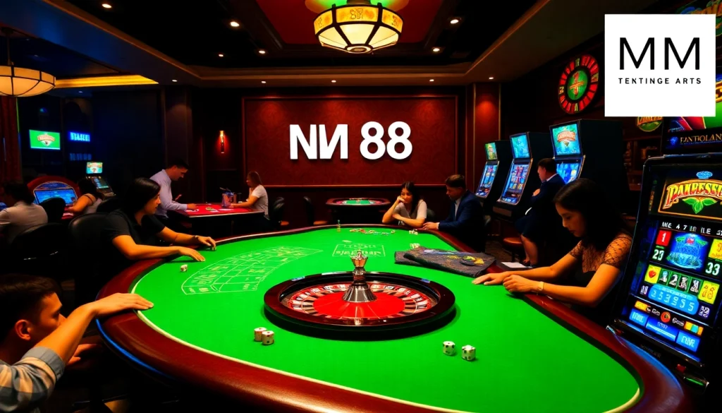 Players enjoying a high-stakes game at MM 88 casino, featuring vibrant tables and roulette wheel.