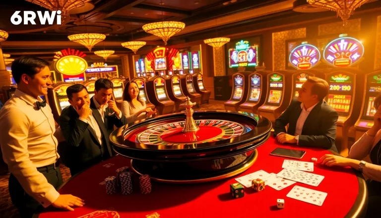Players engaging with the roulette table and vibrant slot machines in an exciting 6RWIN casino atmosphere.