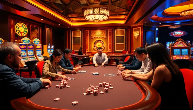 Players enjoying a thrilling poker game at 789BET casino with vibrant atmosphere.