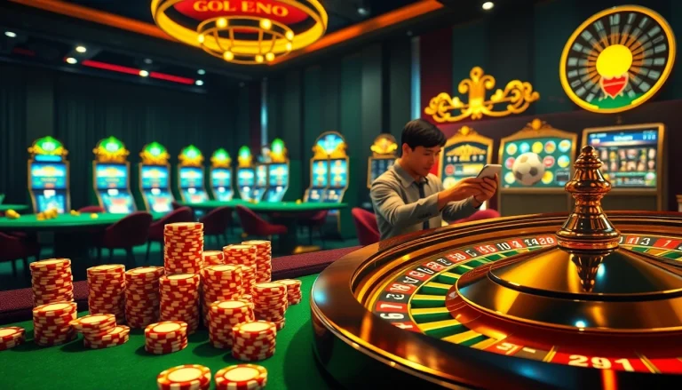 Experience the excitement of hi88 soccer in this dynamic online gambling scene, featuring casino tables and vibrant slot machines.