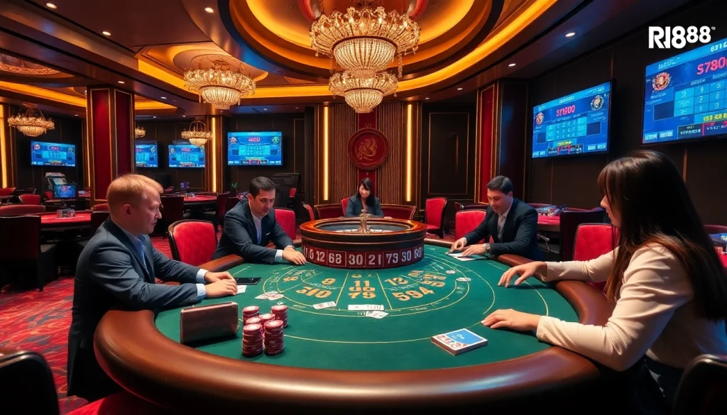 Experience the excitement at RR88 with a luxurious poker scene showcasing high-stakes gameplay.