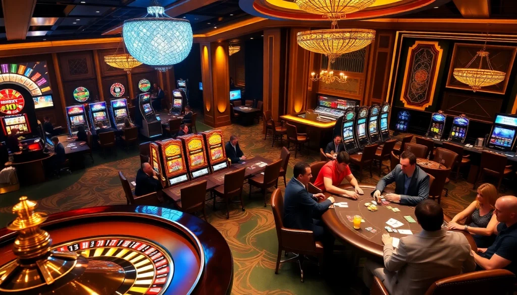 Iwin's vibrant casino scene featuring poker tables, slot machines, and roulette wheels, showcasing excitement and luxury.