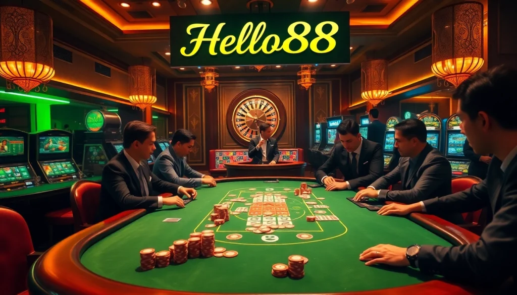 Engaged players at a poker table in a luxurious casino setting from Hello88, showcasing excitement and strategy.