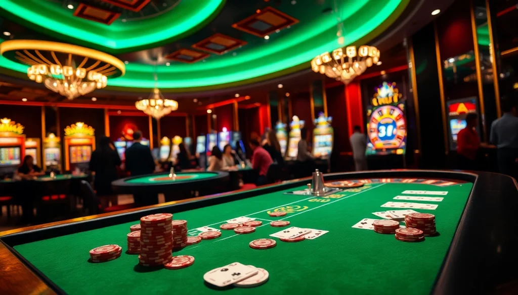 32win hosts an exciting casino scene with vibrant gaming tables and spinning roulette wheels.