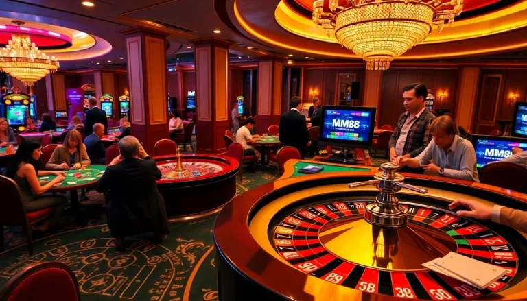 MM88 casino experience featuring an exciting roulette table with vibrant chips and players.