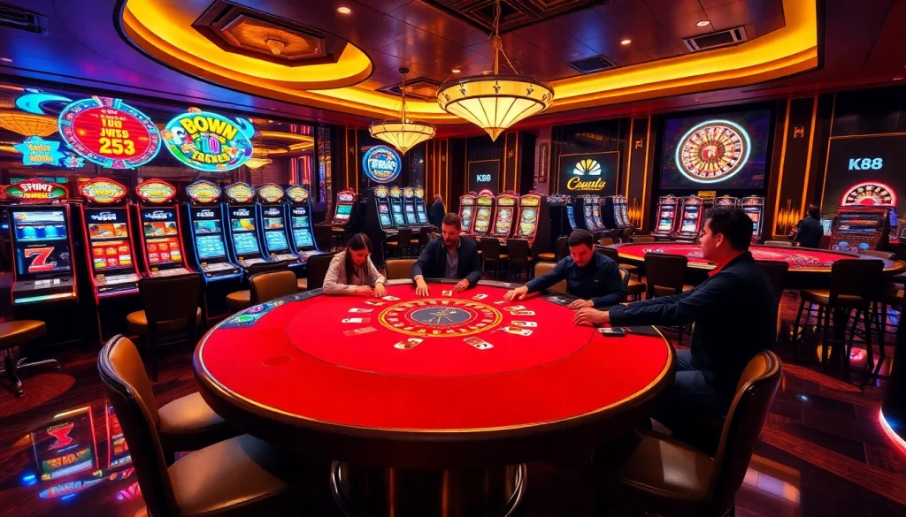 K88win players enjoying a lively blackjack game and slot machines in a luxurious casino environment.