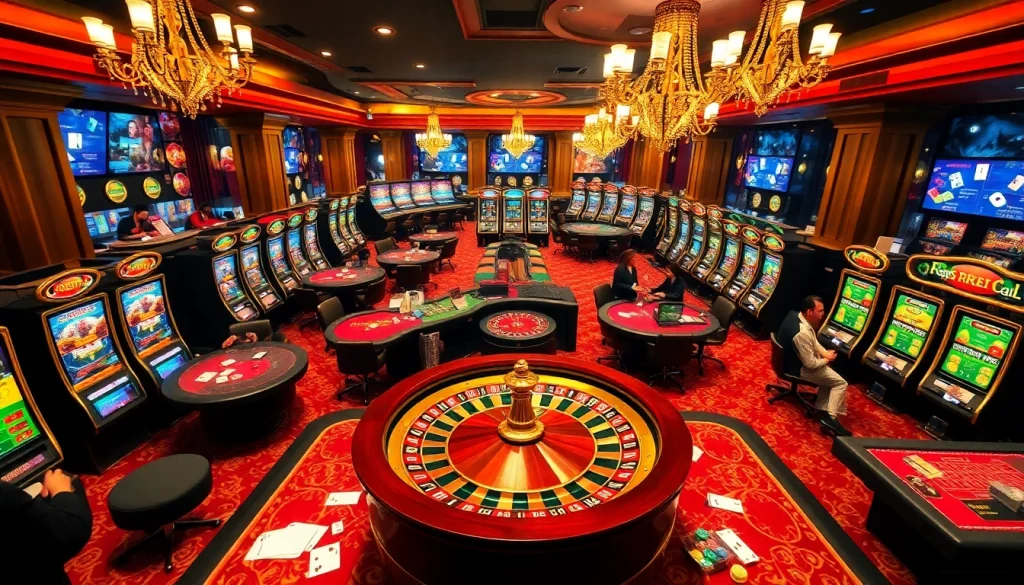 Players enjoying thrilling games at RR88 casino tables surrounded by vibrant decorations.