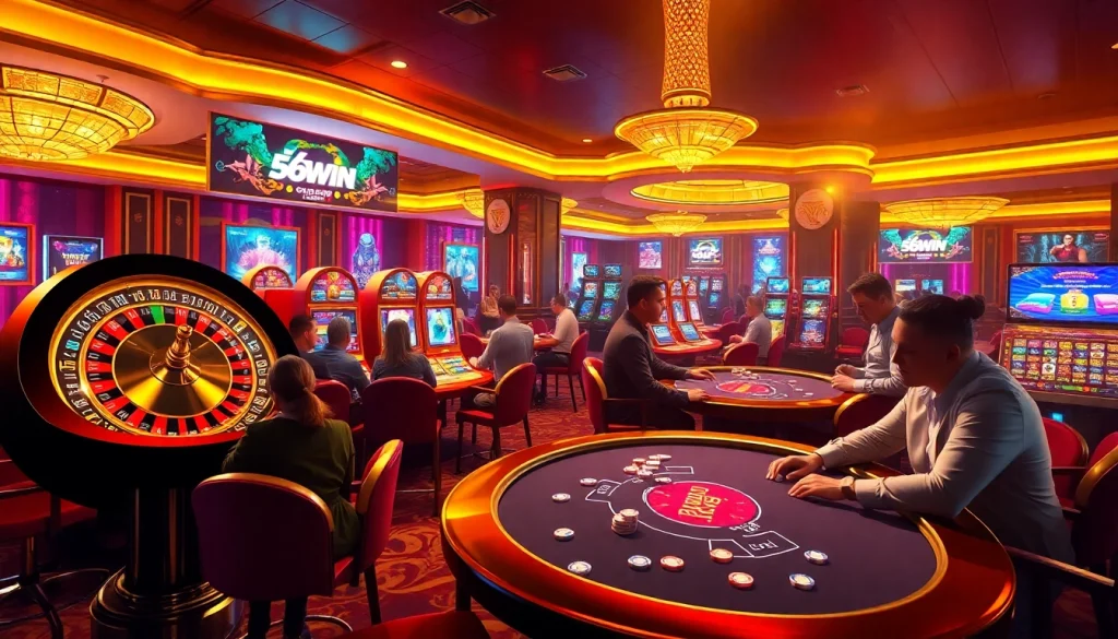 Players enjoying games at 56win with vibrant slot machines and a roulette table.