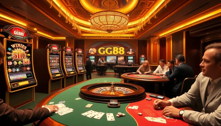 Players enjoying exciting games at GG88 casino with vibrant slot machines and roulette tables.