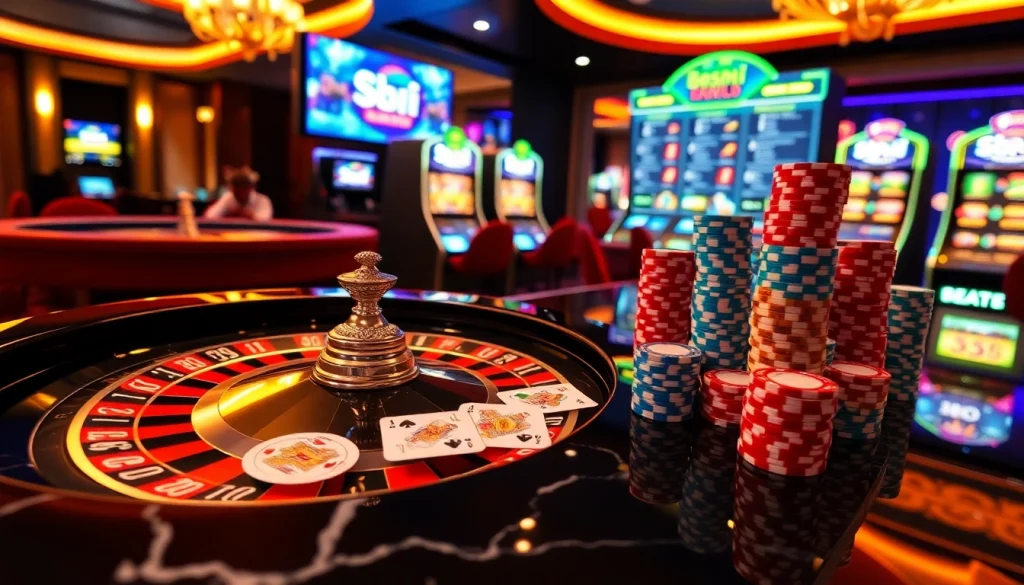 Experience a thrilling game at 88i with vibrant roulette wheels and colorful poker chips.