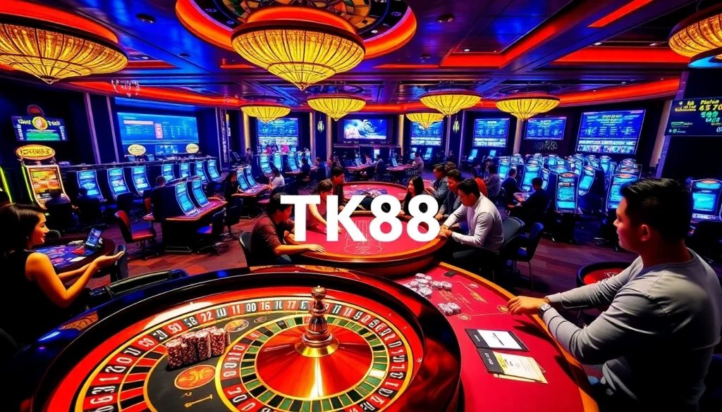 Exciting gaming action at Nhà cái TK88 casino with players bet at roulette and poker tables.