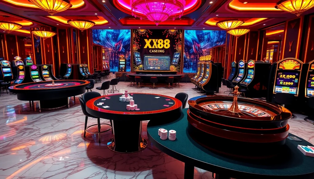 Experience the excitement of xin88 with a vibrant casino environment featuring poker tables and slot machines.