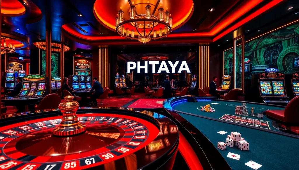 PHTAYA players enjoying a lively casino atmosphere with roulette and slot machines.