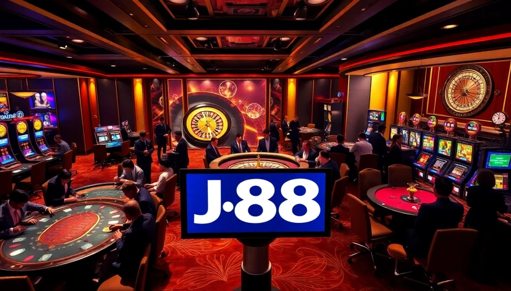 Engage with the thrilling J88 casino atmosphere featuring vibrant tables and luxurious decor.