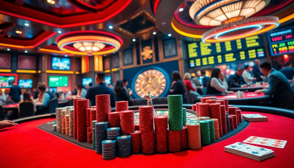 Gk88 casino scene featuring exciting poker games, vibrant chips, and thrilling roulette action.